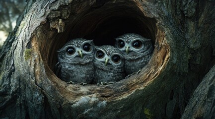 Baby owls in a tree hollow, forest background