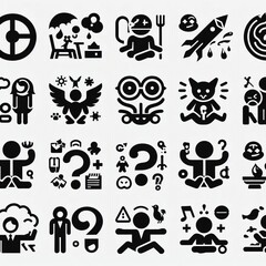 series of simple black-and-white clipart figures arranged in two rows, each with four distinct categories.
