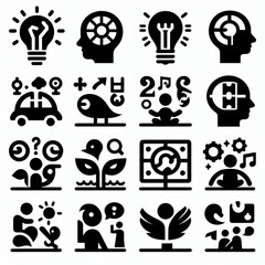  series of simple black-and-white clipart figures arranged in two rows, each with four distinct categories.
