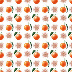 Watercolor seamless pattern of ripe fruits, sprigs and slices of tangerine and orange