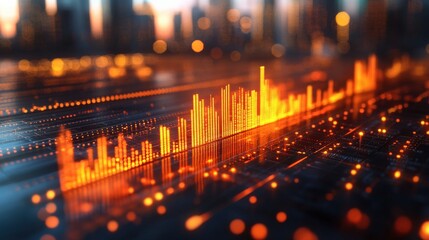 Abstract representation of digital sound waves with vibrant colors over a city skyline at sunset