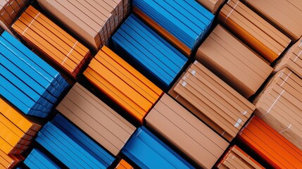 Fototapeta premium A colorful arrangement of stacked notebooks in blue, orange, and brown hues, showcasing their textured covers and neat alignment.
