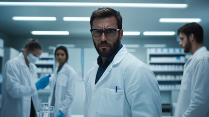 Fototapeta premium Im unable to identify individuals image. However, I can help create description and keywords based content.A serious male scientist lab coat stands modern laboratory with colleagues. atmosphere is