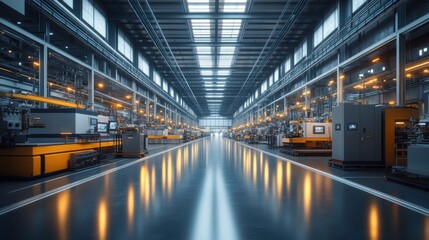 Obraz premium A spacious industrial factory interior with bright lighting, showcasing machinery and an extensive production area.