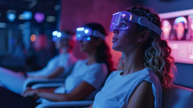 Participants engage in a mindfulness session utilizing digital therapy devices in a contemporary wellness center, focusing on mental health improvement through innovative technology.