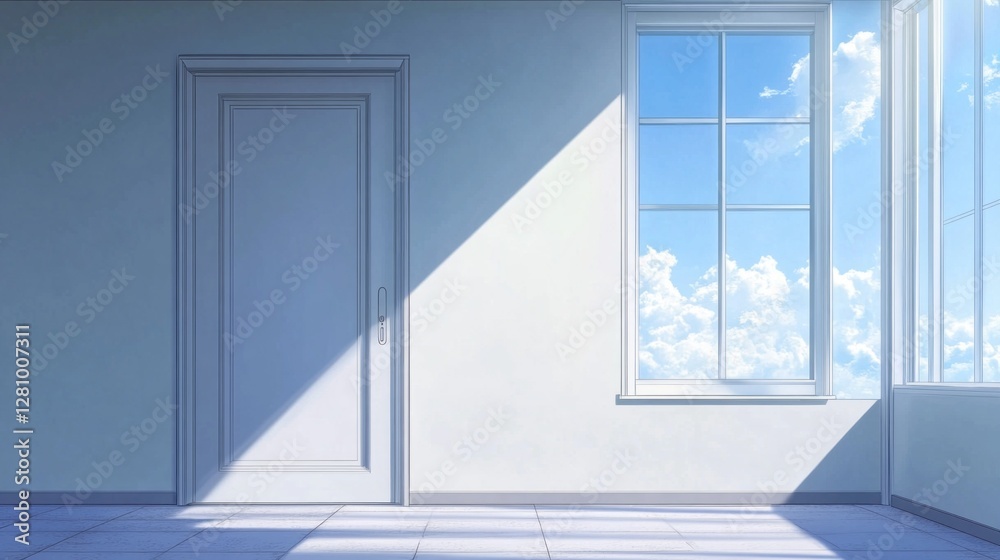 Poster soft light permeates a tranquil space as an open door leads to a vast sky adorned with fluffy clouds