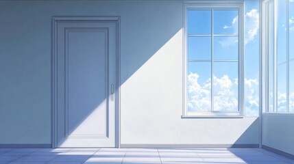 Soft light permeates a tranquil space as an open door leads to a vast sky adorned with fluffy clouds, creating a dreamlike atmosphere in a simple, white room