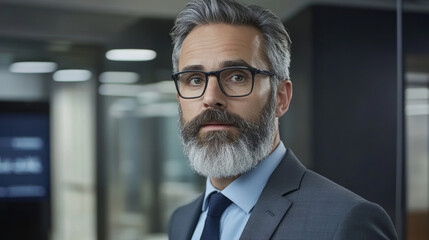 Fototapeta premium Professional man with glasses and beard in modern office setting, exuding confidence and sophistication. His attire reflects business environment, ideal for corporate imagery