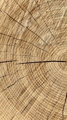 Fototapeta premium Vertical photo of a cut tree trunk blockhouse with visible wooden texture and cracks. Ideal for lumbering, forestry, sustainability themes, or designs highlighting rustic and organic materials.
