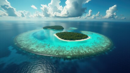 Aerial view of tropical island surrounded by coral reef affected by bleaching	