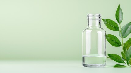 Empty Glass Bottle with Leaves on Sage Green Background