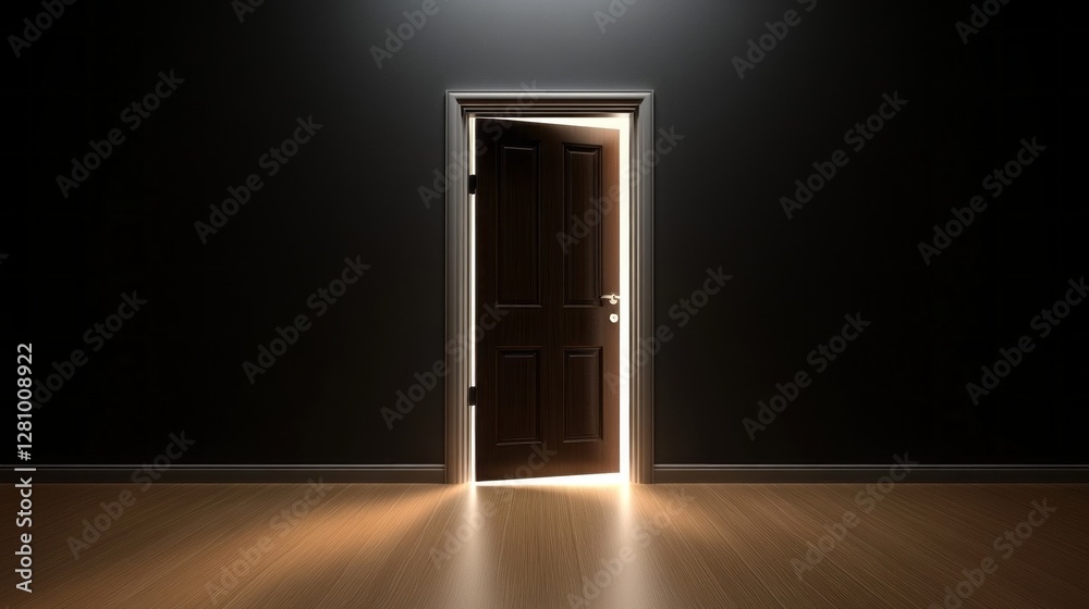 Poster soft light spills through an ajar door in a shadowy room, illuminating the wooden floor and suggesti