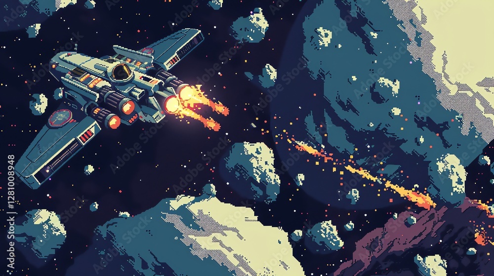 Canvas Prints a pixel art illustration of a spaceship flying through an asteroid field.