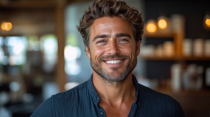 Obraz premium Confident Man Smiling in a Cozy Cafe During Daytime Generative AI