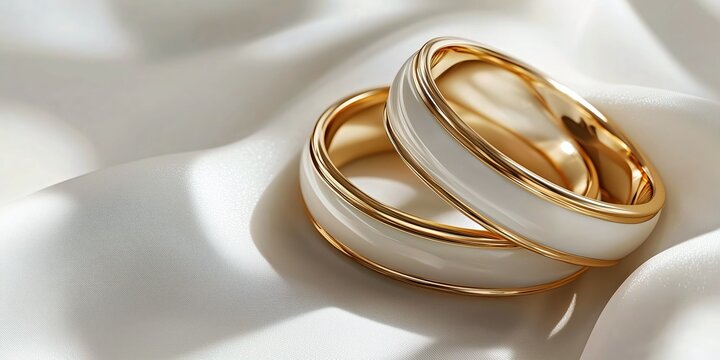 Romantic wedding rings with gold trim and white enamel detail placed on silky smooth fabric