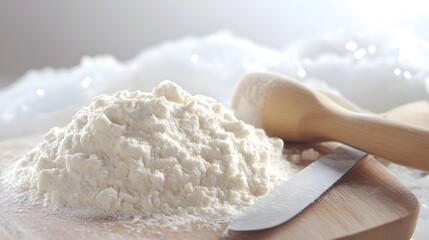 Closeup Pile of White Flour on Wooden Board with Rolling Pin and Knife