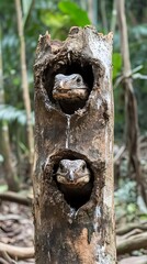 Two Lizards Peeking from Tree Trunk Holes
