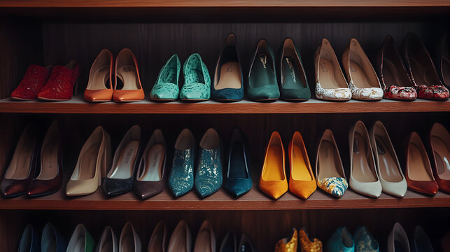 armario o closet con pares de zapatos de mujer de dama elegantes y modernos organizados por colores calzado con estilo y elegancia
