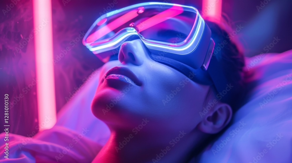 Aufkleber in a futuristic environment illuminated by vibrant neon lights, an individual utilizes smart eyewear