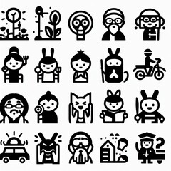  series of simple black-and-white clipart figures arranged in two rows, each with four distinct categories.
