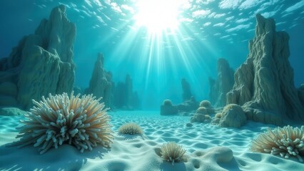 Fototapeta premium Underwater view of bleached coral pillars on sandy ocean floor with sunlight 