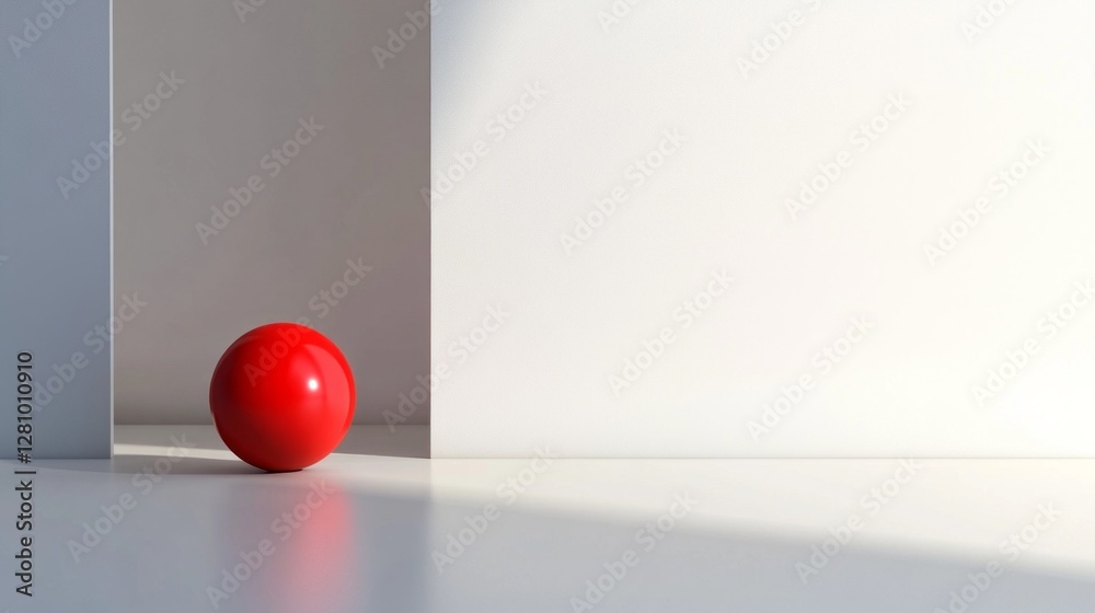 Poster a vibrant red sphere rests on a smooth surface, close to an open door that invites a sense of wonder