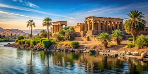Fototapeta premium Ancient Egyptian temple ruins with the Nile River flowing through it, surrounded by lush greenery and palm trees , philae, nile