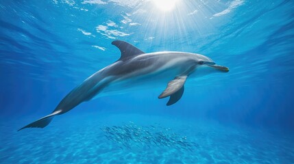 Obraz premium Graceful dolphin gliding through crystal-clear waters, illuminat