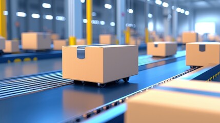 A high-tech conveyor belt transports boxes in a warehouse setting, showcasing modern logistics and efficient package handling.