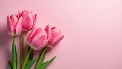 Fototapeta premium Delicate pink tulips bloom against a soft pink and white backdrop , pink tulips, fresh, bloom