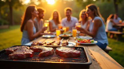 Photo of a warm atmosphere as a group of friends enjoy an outdoor barbecue party at sunset.