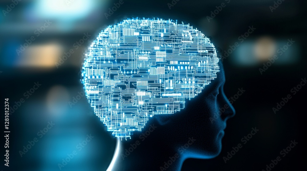 Poster concept of stock hardware in 3d rendering, featuring a glowing blue brain circuit on a microchip loc