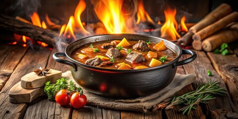 Hearty beef stew simmered in a large cauldron over an open flame atop a rustic wooden table, filling the air with savory aromas , homemade cooking, beef stew