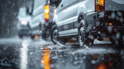 Fototapeta premium New white delivery vans parked on wet asphalt highlighting the logistics and transportation sector