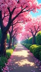 Naklejka premium Sunlit lane, pink and white blossoms arch overhead, pathway, fresh