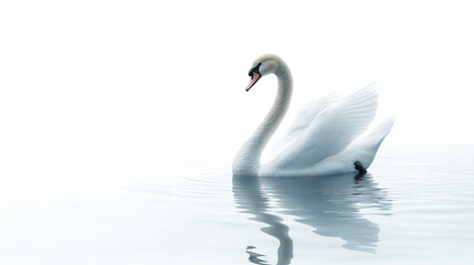 Fototapeta premium A swan is swimming in a body of water. The water is calm and the swan is the only object in the scene. Concept of tranquility and peacefulness