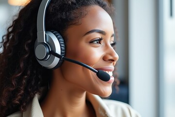 Portrait of a Young African American Woman with Curly Hair Wearing a Headset in a Bright Office Environment, Smiling Radiantly While Engaged in Customer Support