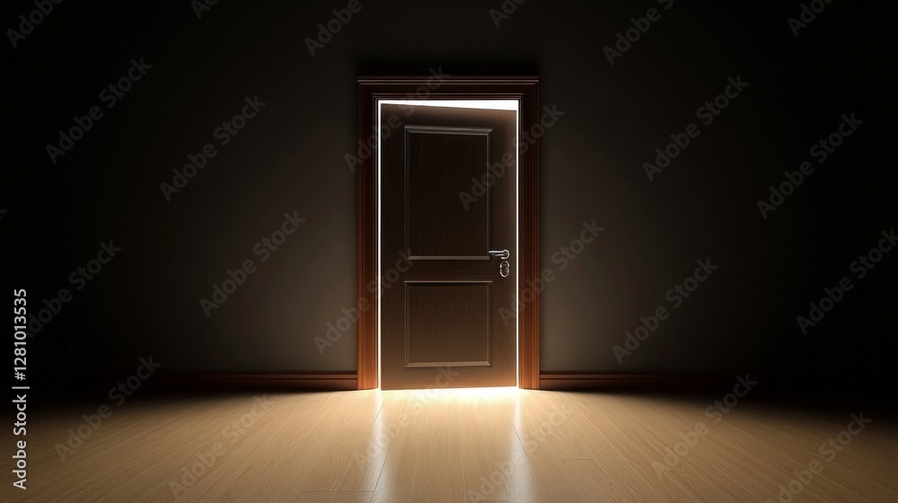 Poster Warm light spills from an open door in a darkened chamber, creating an inviting yet enigmatic atmosphere. The contrast enhances the allure of what lies beyond the threshold