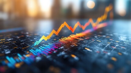 Vibrant financial graph showing upward trends against a blurred cityscape background