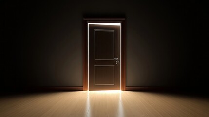 Warm light spills from an open door in a darkened chamber, creating an inviting yet enigmatic atmosphere. The contrast enhances the allure of what lies beyond the threshold