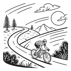 Cyclist Riding Bike on Scenic Mountain Road: Black and White Line Art Illustration of Outdoor Cycling Landscape with Trees, Sun, and Clouds