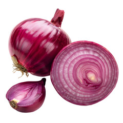 Red Onion Whole and Sliced Isolated on Black Background