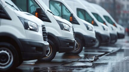 Obraz premium New white delivery vans parked on wet asphalt highlighting the logistics and transportation sector