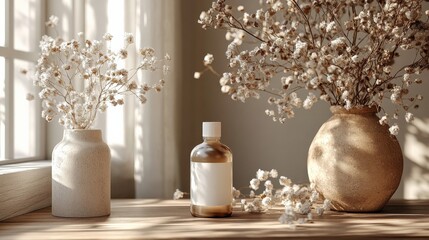 Elegant Arrangement of Dried Flowers and a Glass Bottle in Soft Natural Light Generative AI