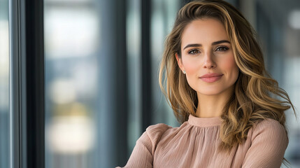 Fototapeta premium confident woman with wavy hair poses in modern office setting, showcasing professional demeanor and warm smile