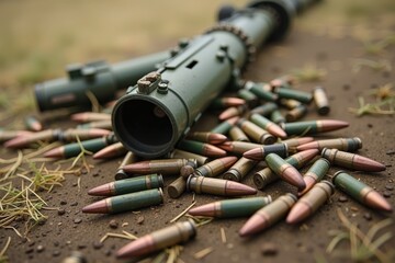 Obraz premium An Abandoned Military Weapon on the Ground Surrounded by Spent Shell Casings in a Field Setting