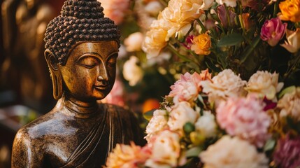 Buddha statue amidst vibrant blossoms in tranquil garden setting