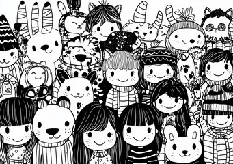 Hand drawn faces of various ethnicities form a seamless pattern of people's faces