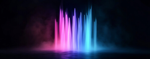 A vibrant display of colorful water fountains illuminated against a dark backdrop.