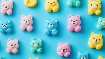 Obraz premium Colorful Animal-Shaped Snack Pieces Isolated on Blue Background